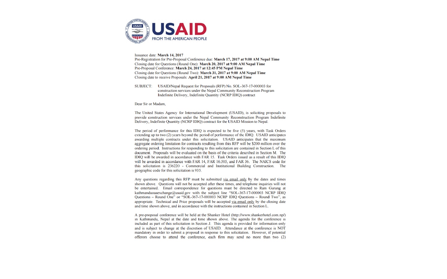 USAID/Nepal Request for Proposals (RFP) No. SOL-367-17-000003 for construction services under the Nepal Community Reconstruction Program Indefinite Delivery, Indefinite Quantity (NCRP IDIQ) contract