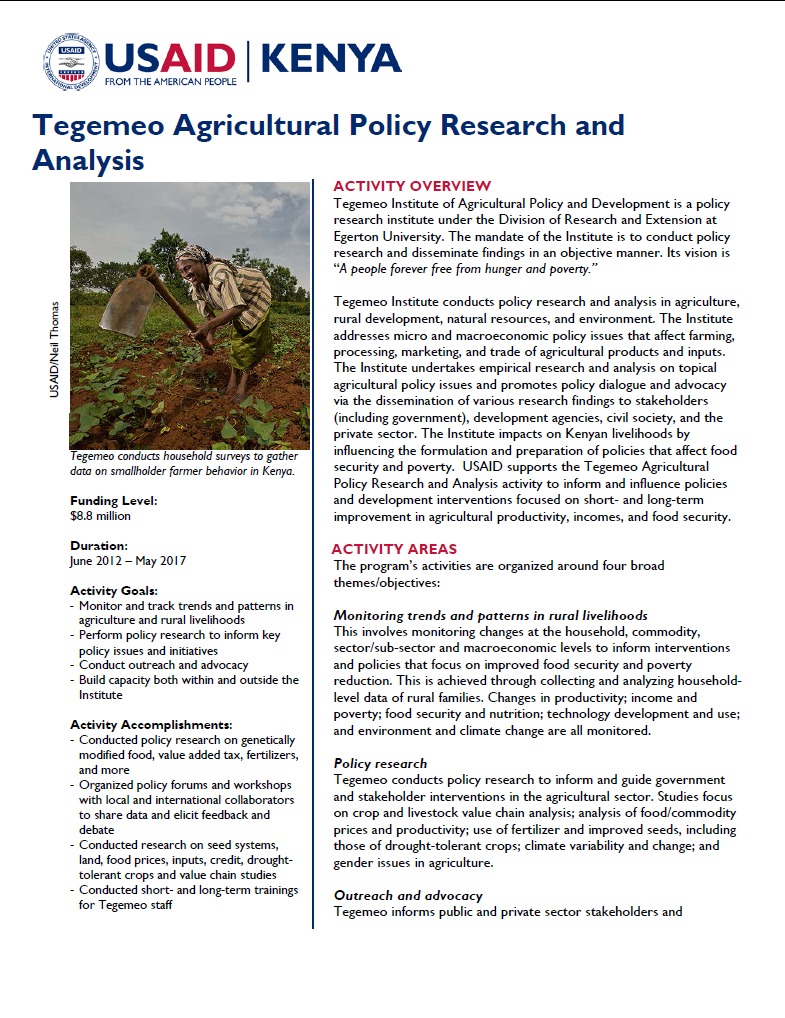 Tegemeo Agricultural Policy Research and Analysis  Fact Sheet September 2014