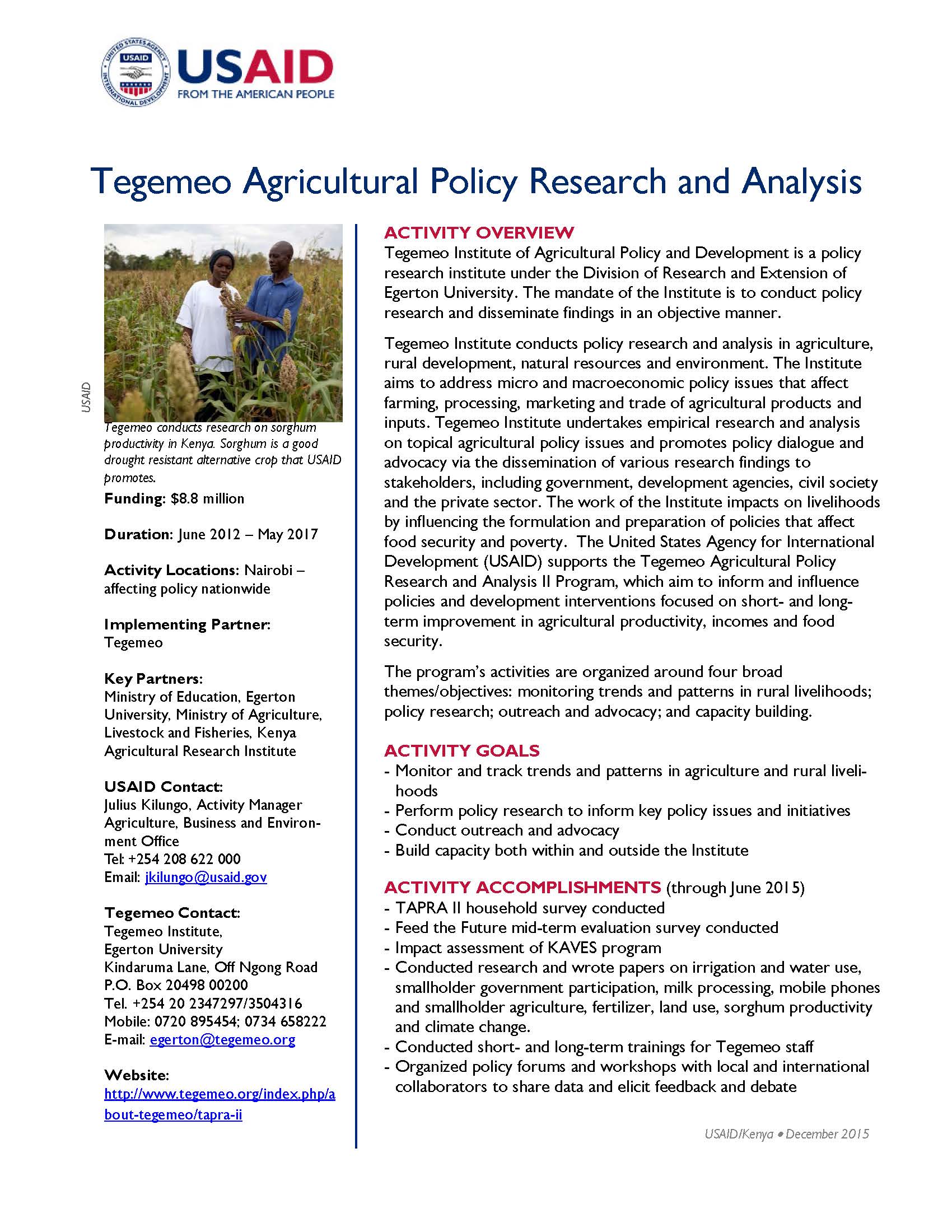 Tegemeo Agricultural Policy Research and Analysis