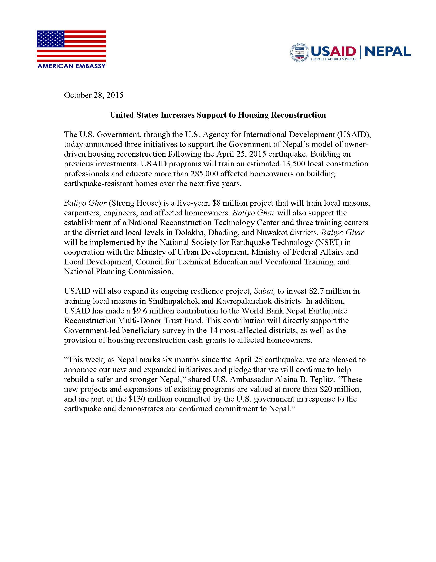 PRESS RELEASE: United States Increases Support to Housing Reconstruction
