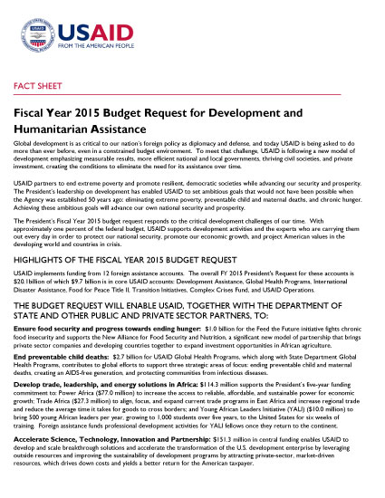 Fiscal Year 2015 Budget Request for Development and Humanitarian Assistance - Fact Sheet