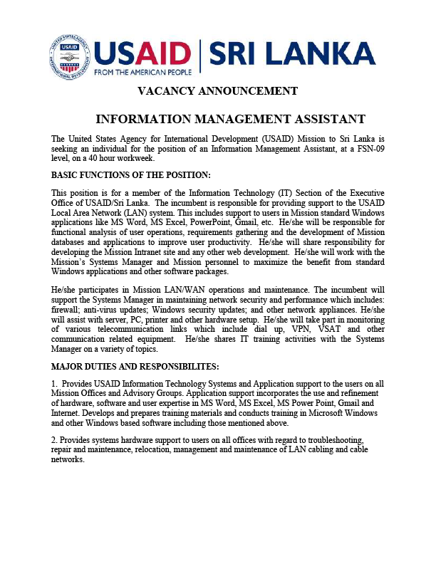 Vacancy Announcement: Information Management Assistant