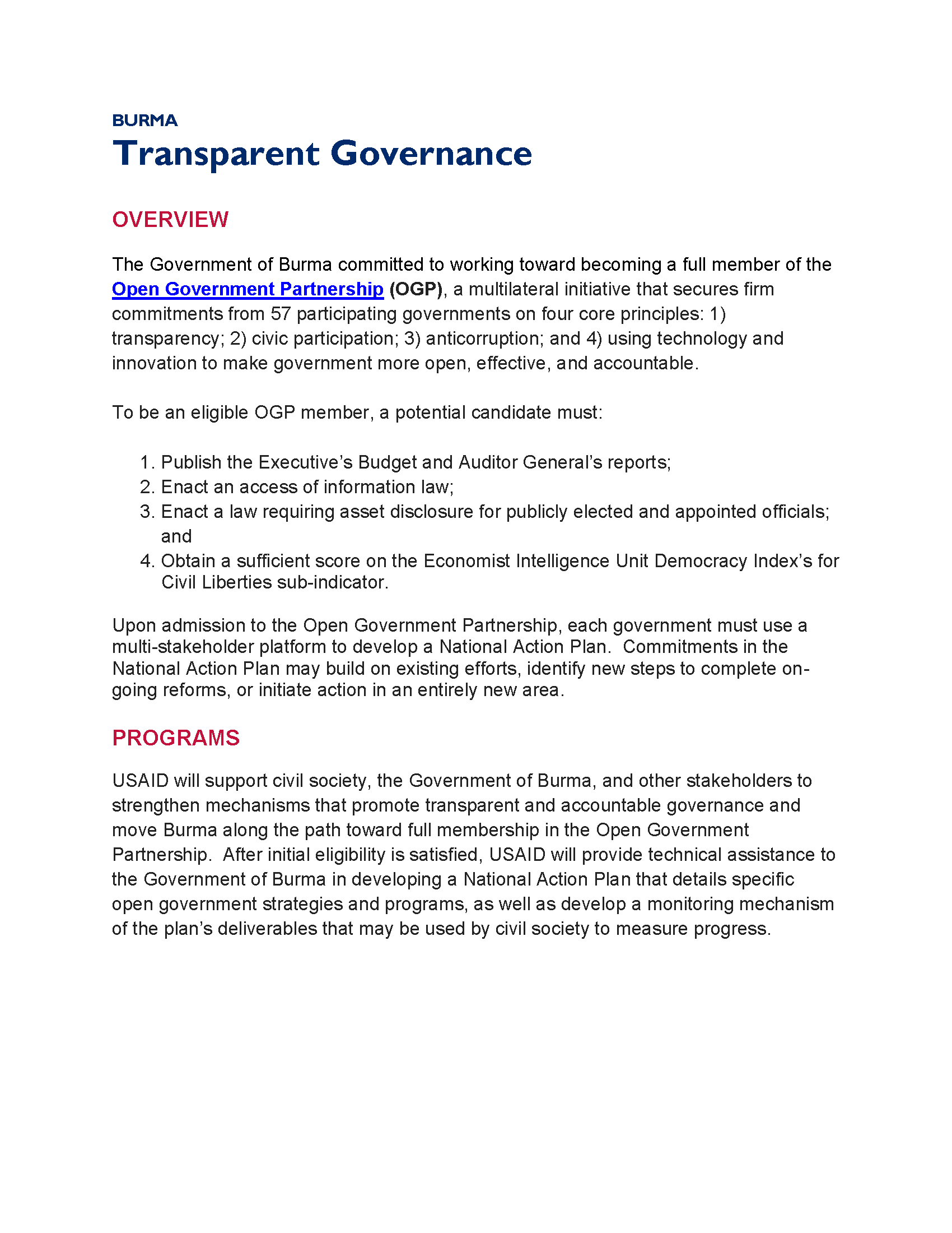 Burma Transparent Governance Fact Sheet