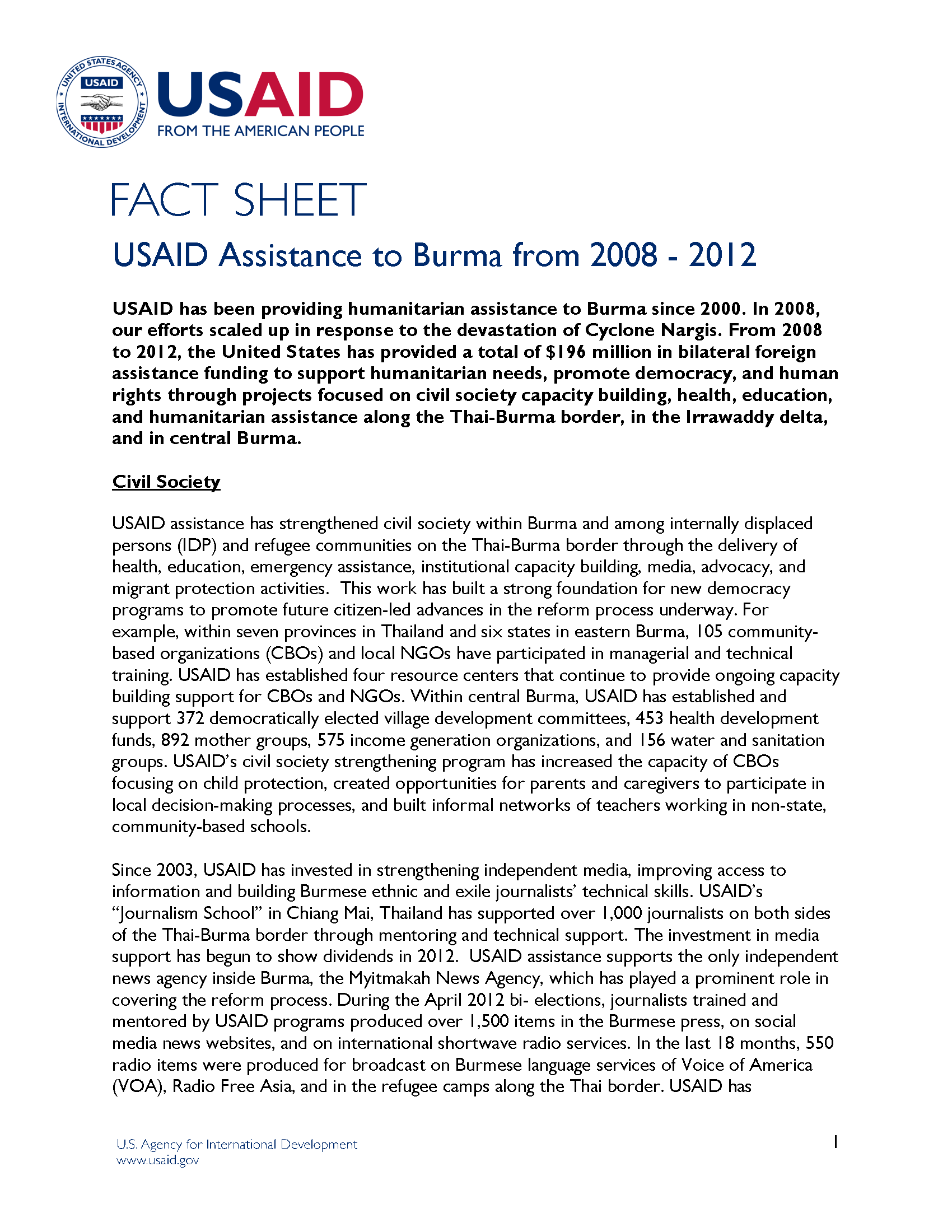 USAID Assistance to Burma from 2008 - 2012 Fact Sheet