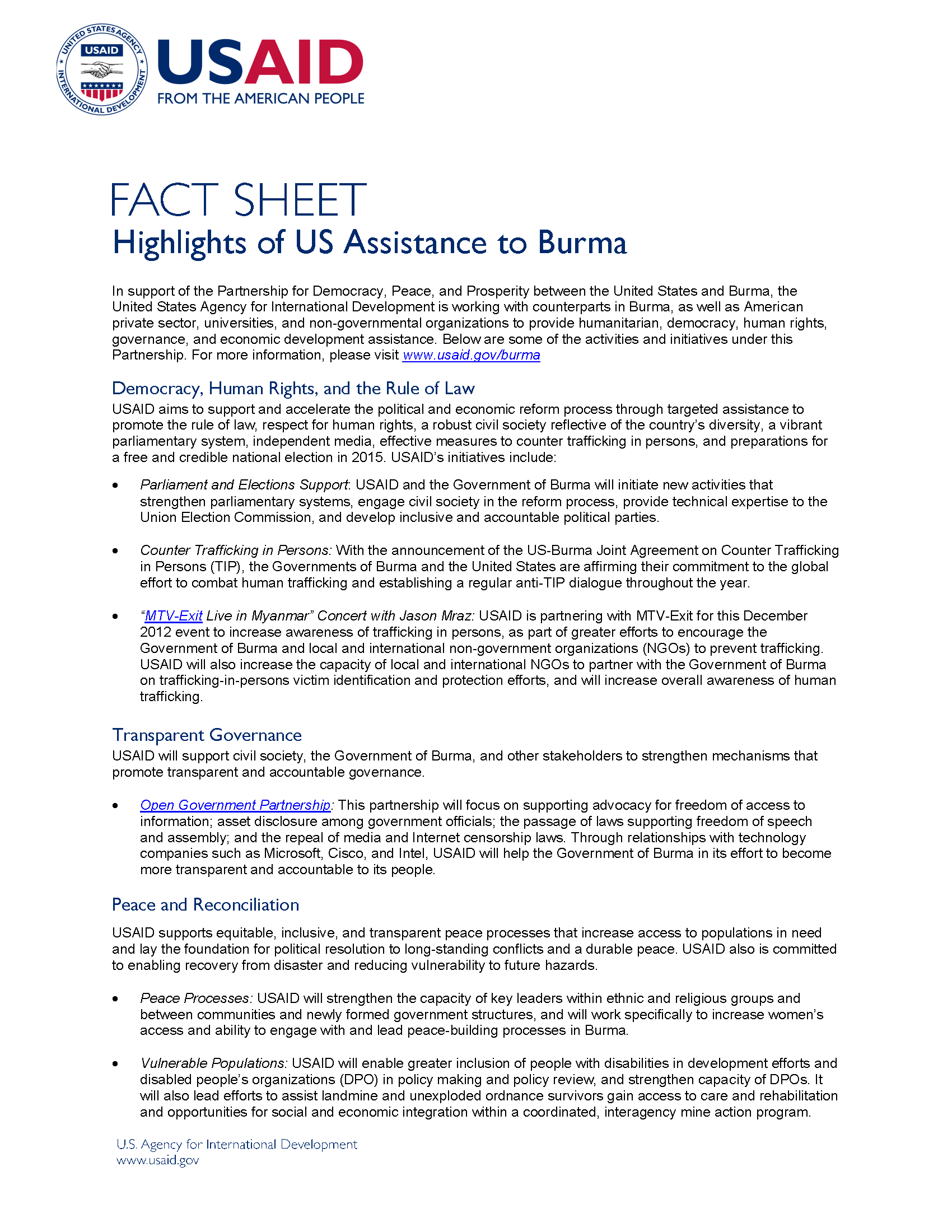 Highlights of USAID Assistance to Burma Fact Sheet