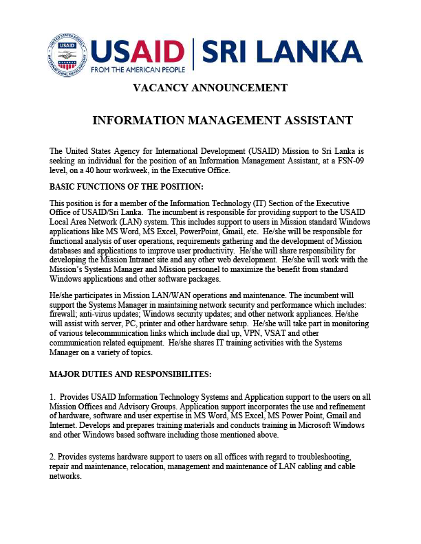USAID/Sri Lanka Vacancy Announcement: Information Management Assistant, FSN-09
