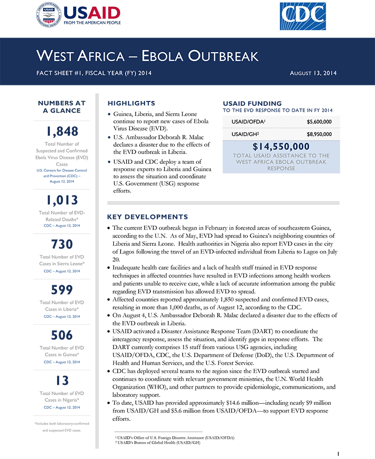 WEST AFRICA – EBOLA OUTBREAK FACT SHEET #1, FISCAL YEAR (FY) 2014