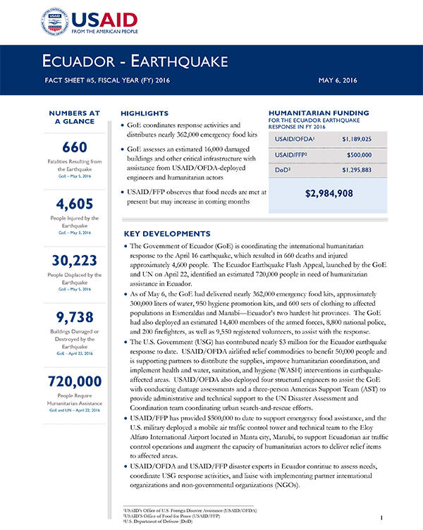 Ecuador Earthquake Fact Sheet #5 - 05-06-2016