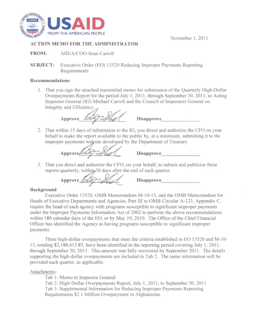 November 1, 2011 High-Dollar Overpayment Report 