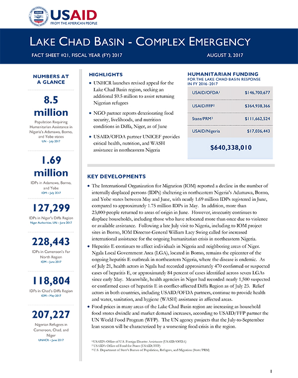 Lake Chad Basin Complex Emergency Fact Sheet #21 - 08-03-2017