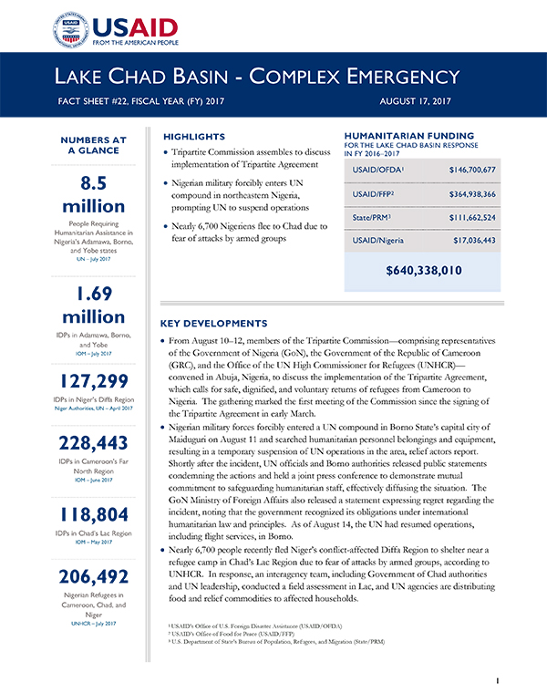 Lake Chad Basin Complex Emergency Fact Sheet #22 - 08-17-2017