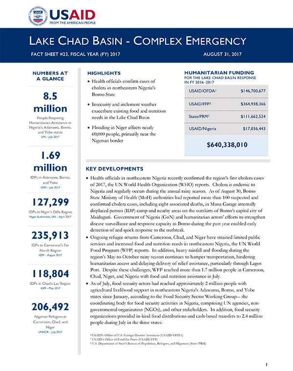 Lake Chad Basin Complex Emergency Fact Sheet #23 - 08-31-2017