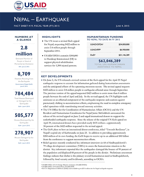 Nepal Earthquake Fact Sheet #19 - 06-04-2015