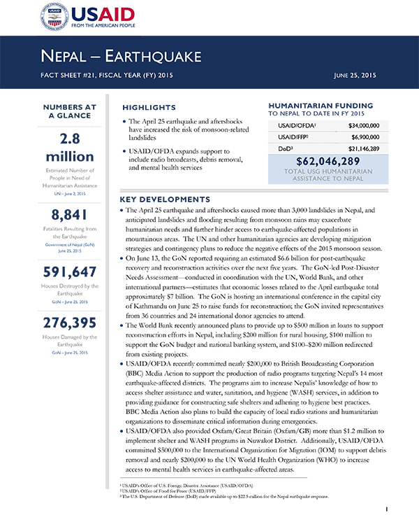 Nepal Earthquake Fact Sheet #21 - 06-25-2015