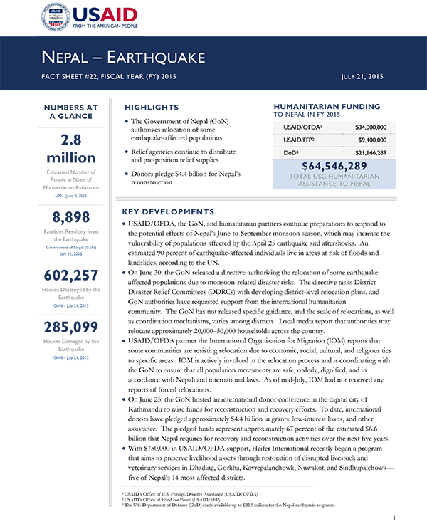 Nepal Earthquake Fact Sheet #22 - 07-21-2015