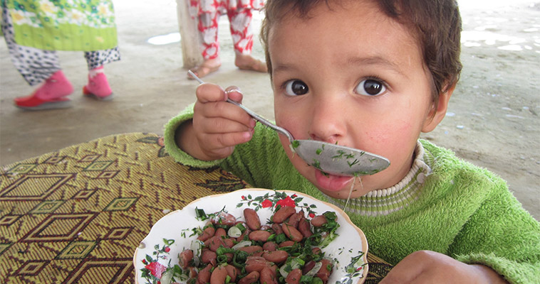 Feed the Future, through USAID, has trained thousands of Tajik women to make healthy meals, such as the kidney bean salad this child is eating.
