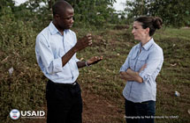 Lani Fortier, member of the International Rescue Committee (IRC), leads the Montserrado County case investigation and contact tracing unit as they search for potential contacts to an Ebola patient. Photo by Neil Brandvold, USAID