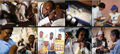 Photos of HIV and AIDS treatment and research.