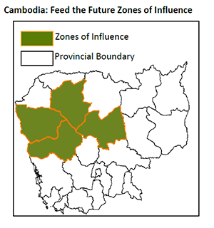 Cambodia: Feed the Future Map shows zones of influence and the provincial boundary.