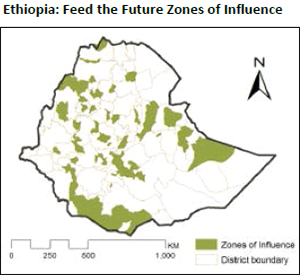 Ethiopia: Feed the Future Zones of Influence. Map shows zones of influence and the district boundary.
