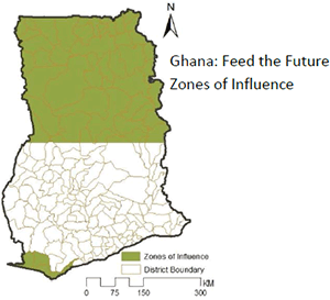 Ghana: Feed the Future Zones of Influence. Map shows zones of influence and the district boundary.