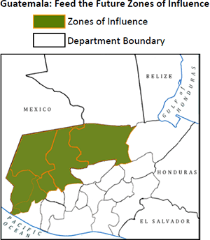 Guatemala: Feed the Future Zones of Influence.<br />
Map shows zones of influence and the department boundary.