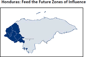 Honduras: Feed the future zones of influence. Map of Honduras showing zones of influence.