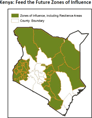 Kenya: Feed the Future Zones of Influence. Map shows zones of influence, including resilience areas and the county boundary.