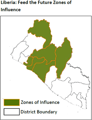 Liberia: Feed the Future Zones of Influence. Map shows zones of influence and the district boundary. 