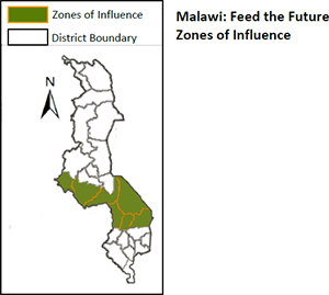 Malawi: Feed the Future Zones of Influence. Map shows zones of influence and the district boundary.