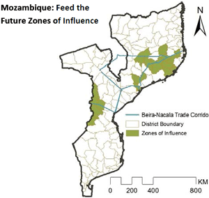  Mozambique: Feed the Future Zones of Influence.<br />
Map shows the Beira-Nacala Trade Corridor, zones of influence and the district boundary.