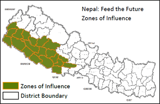 Nepal: Feed the Future Zones of Influence. Map shows zones of influence and the district boundary.