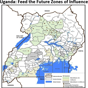 Uganda Feed the Future Zones of Influence. Map of Uganda