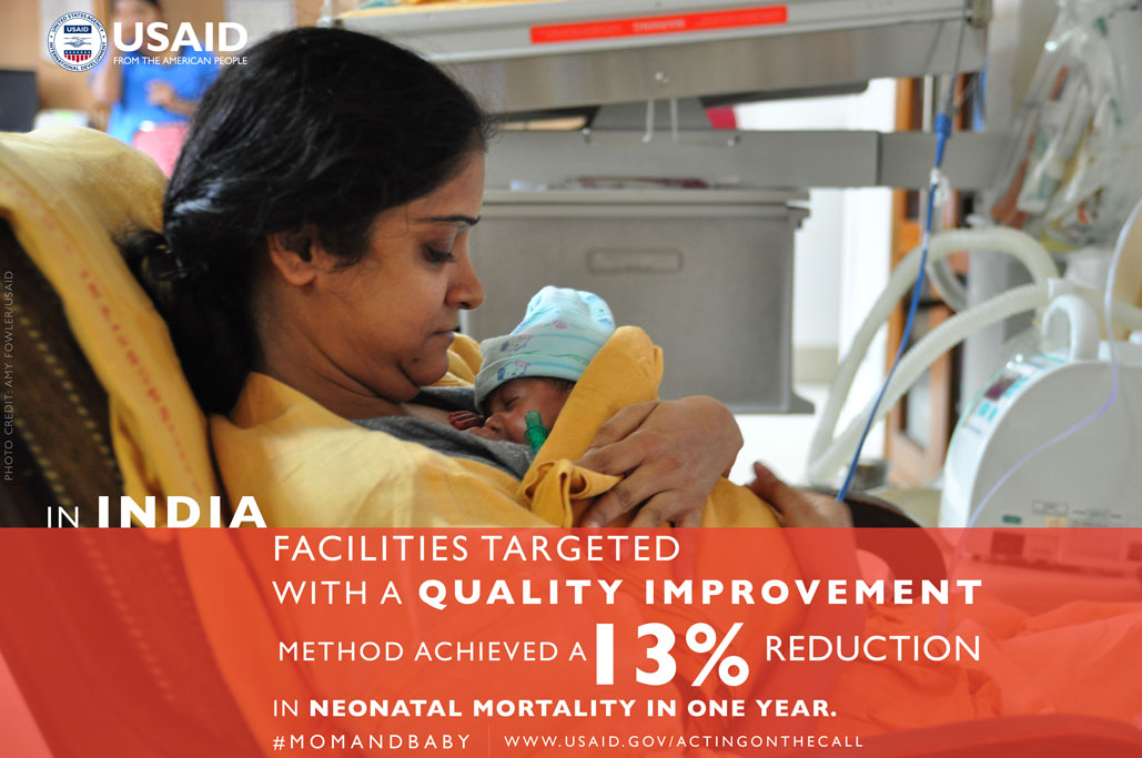 Photo of Mom and baby. In India, facilities targeted with quality improvement achieved a 13% reduction in neonatal mortality.