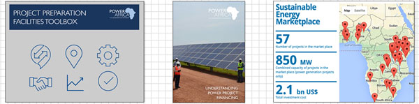 Screenshot images of Understanding Power Project Financing, Sustainable Energy Marketplace and the  Power Africa Toolbox 