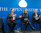 Three people speaking on a panel for the Aspen Institute.