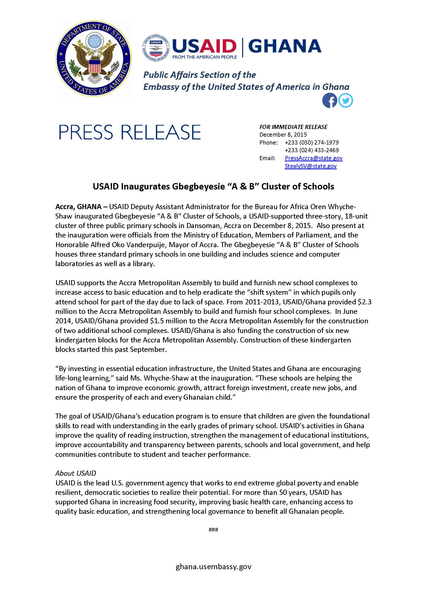 Press Release: USAID Inaugurates Gbegbeyesie “A & B” Cluster of Schools