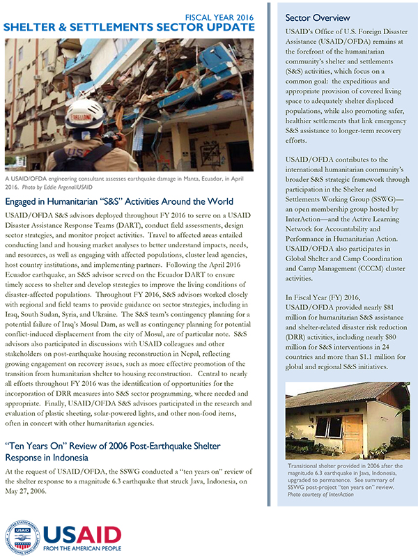 USAID/OFDA Shelter and Settlements Sector Update