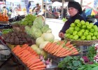 A woman sells vegetables at a local produce market in Georgia.
