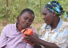 Kenyan women discuss the S300 mobile charging solar lantern.