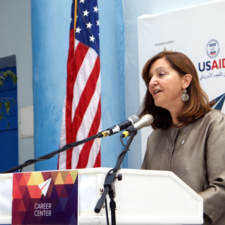 Mission Director Dana Mansuri addresses the crowd at the opening of the USAID Career Center at Abdelmalek Essaadi University in 