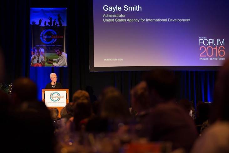 Administrator Gayle Smith delivering the keynote address at the InterAction Forum 2016 Gala Banquet & Award Ceremony