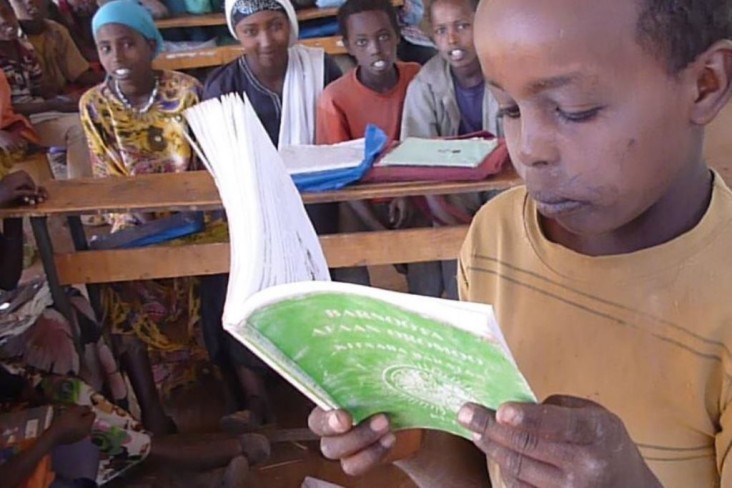A child practices reading at the Jibo alternative basic education center in Darolebu Woreda, Oromia Region. The education center
