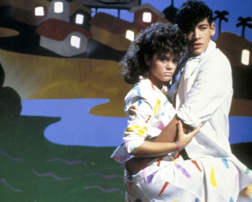 Tatiana and Johnny, two of the most popular singers in Mexico in the mid-1980s, perform on the set of a music video for one of t