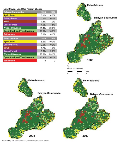 Balayan-Souroumba and Fello-Selouma Forest Reserves: land cover in 1986, 2004 and 2007. Balayan-Souroumba benefited from USAID-s
