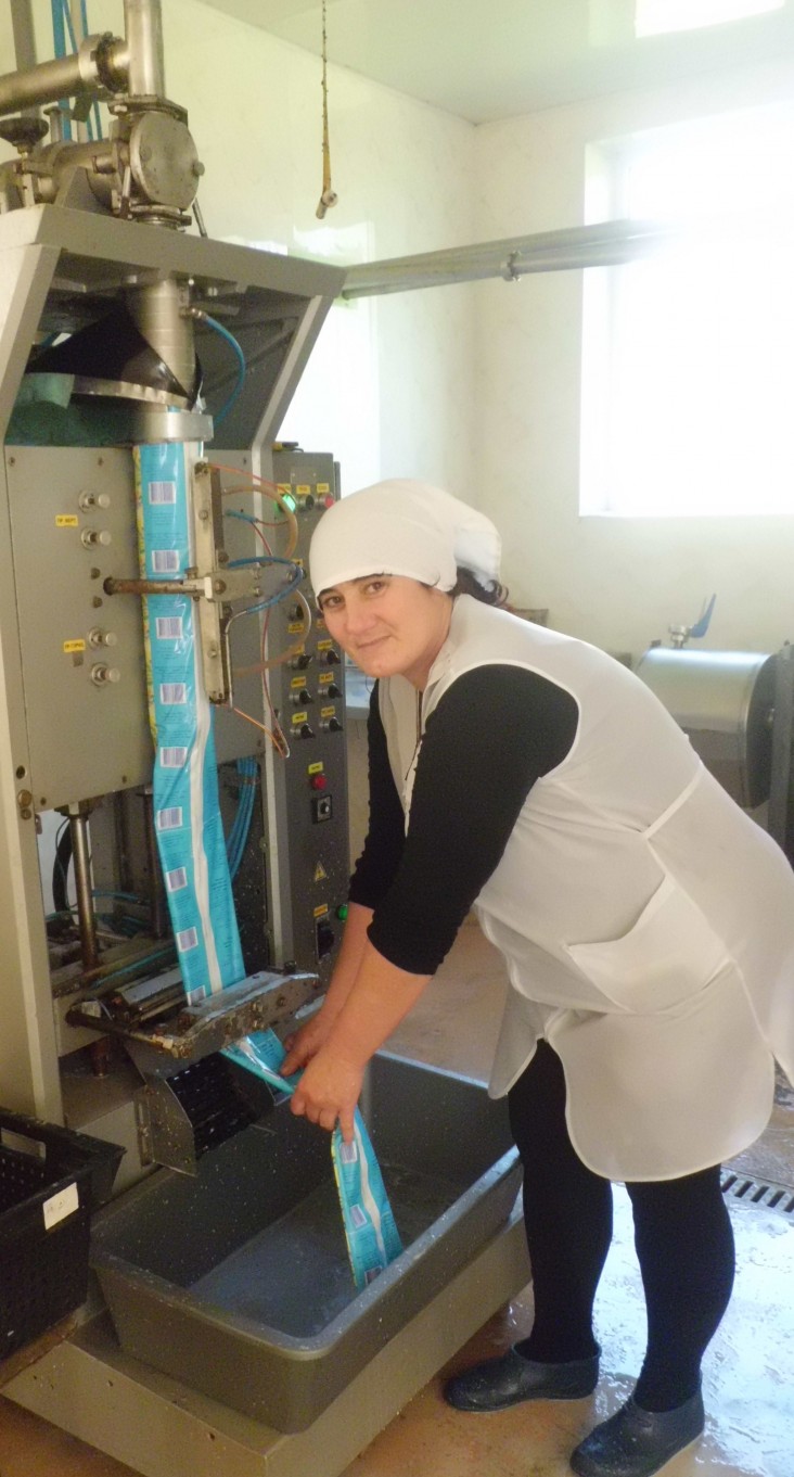 A Molochny Krai employee monitors the new milk processing line using equipment purchased with the support of a USAID AgroInvest