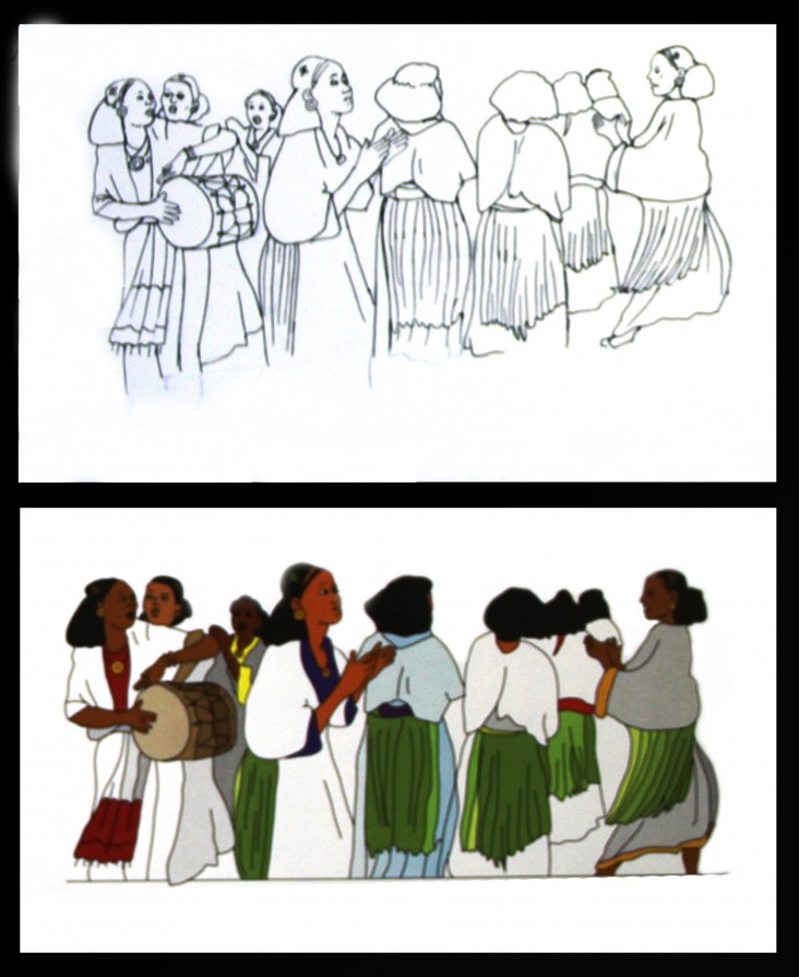 On the top is an artist’s original sketch. Below that is the same drawing after rendering on the computer.