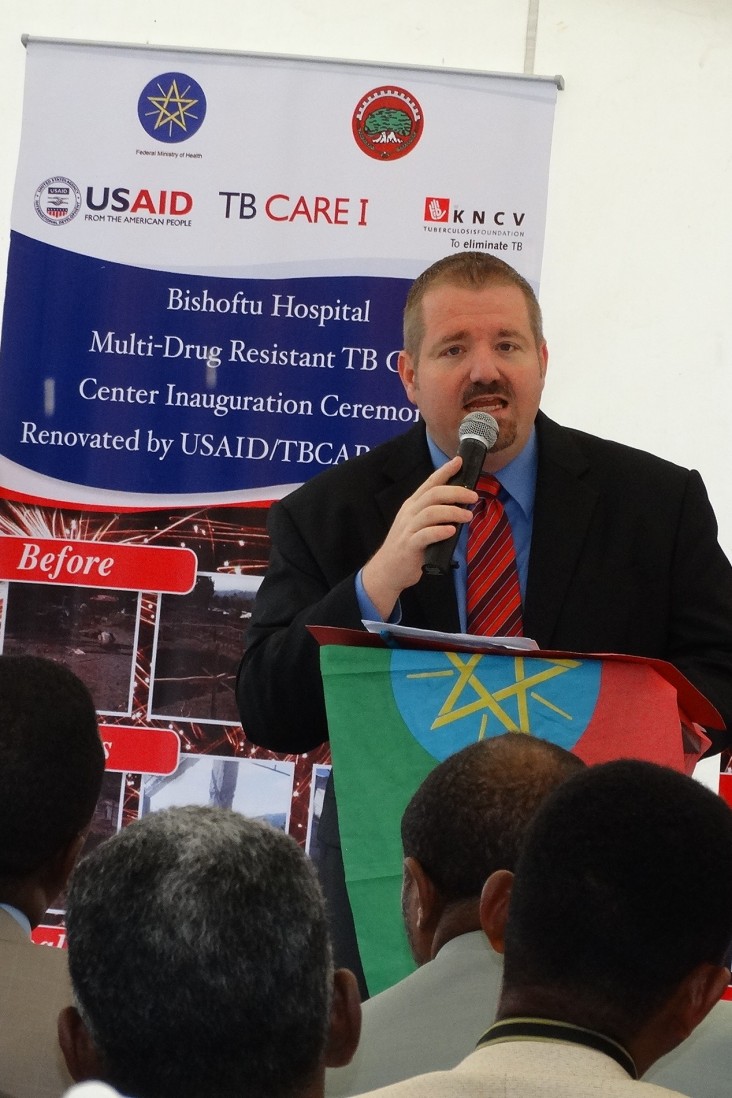 A USAID health officer, Joshua Karnes, speaks at the handover of the Bishoftu Hospital MDR-TB facility, built and furnished thro