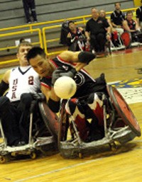 Quadrugby, a team sport for wheelchair-bound athletes, is played with four players from each team on a basketball court.