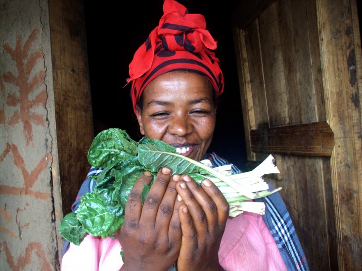 Jemanesh Debela, a 28-year-old mother of two, holds the Swiss chard that she grows in her homestead garden.